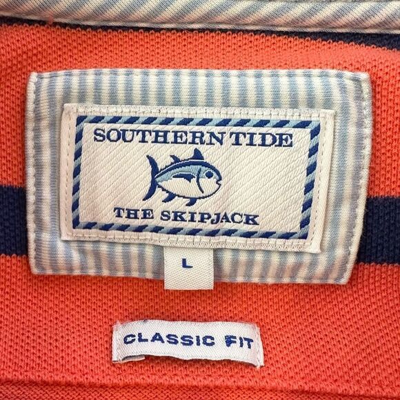 Southern Tide Skip Jack Orange and Navy Striped Short Sleeve Polo Size Large - Picture 2 of 8